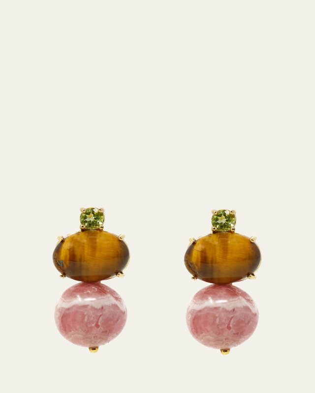 18K Yellow Gold Drop Earrings with Boule Rhodochrosite, Tiger Eye, and Peridot